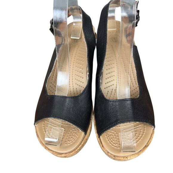 Crocs A-Leigh Leather Black Cork Wedge Slingback Open Toe Sandals Shoes sz 7 - Picture 6 of 16